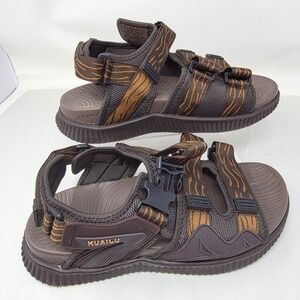 Kuailu Sport Sandals Mens 9.5 Brown Tiger Stripe Multi Strap Buckle Excellent
